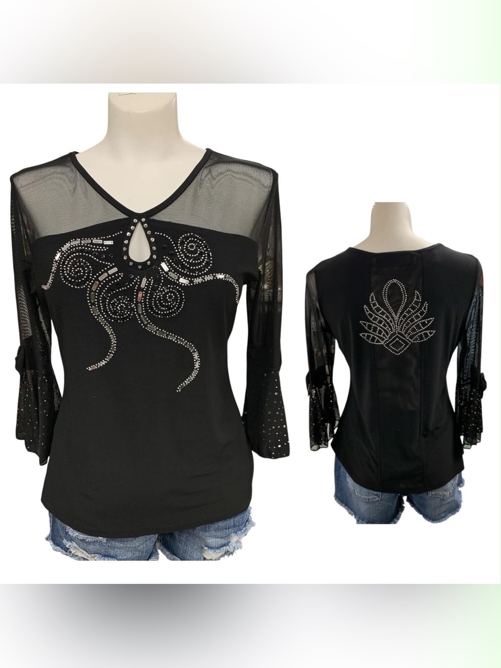 Dame Melissa Paris Black Mesh Sleeve Top with Rhinestone Keyhole Size S